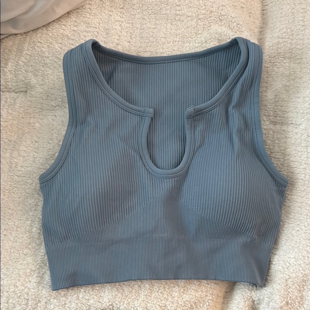 Blue Ribbed Sleeveless Tank Top